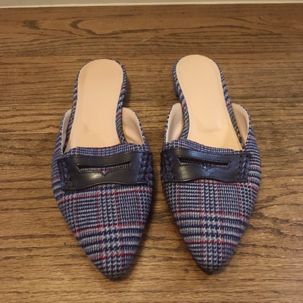 J Crew flat plaid mules, size 9, like new, pointed toe